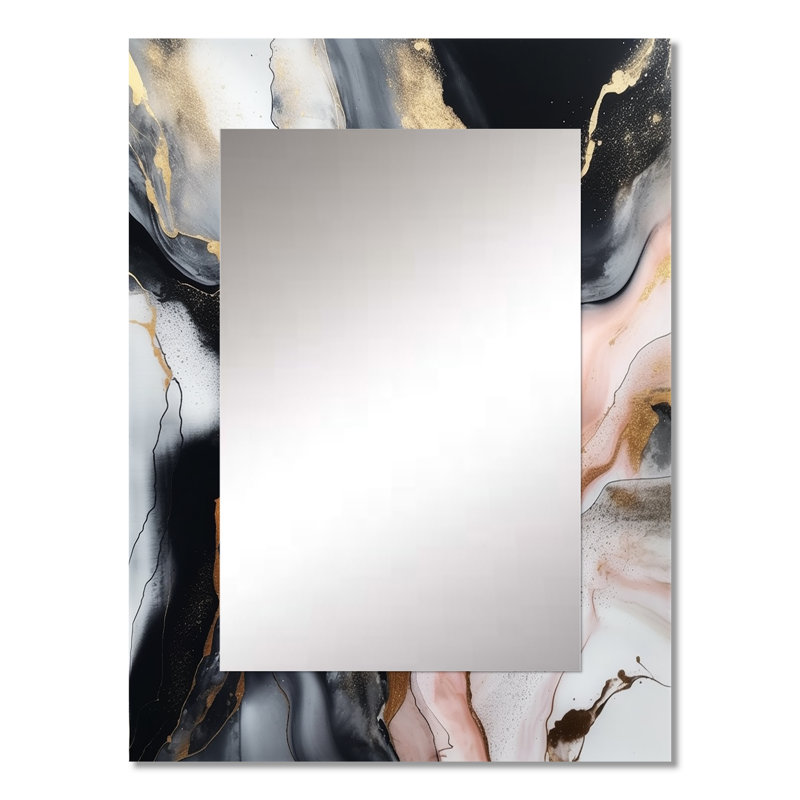 Black Gold Texture Splash Marble - Large Wall Mirror On Metal, 32" x 24"