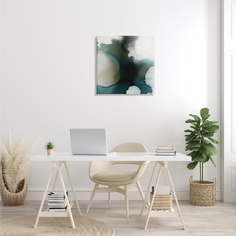 Encre, taches, gris foncé, bleu, formes déformées - Peinture, H 24 po x l 24 po x P 1,5 po, Toile tendue
