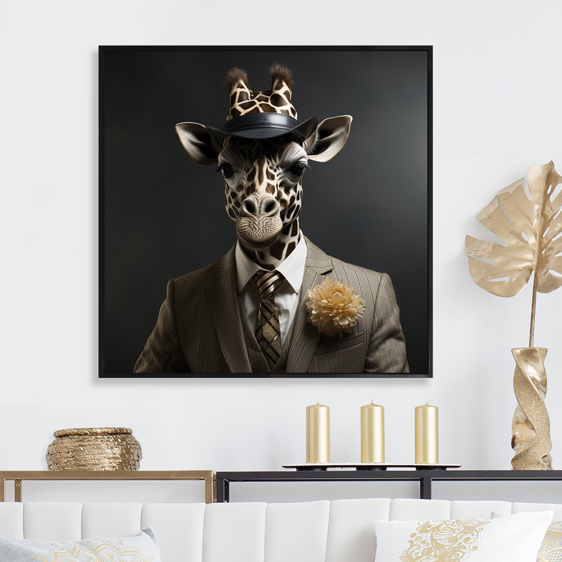 Gris et noir habillé de girafe - Art mural girafe, Cadre flottant noir, H 30 po x l 30 po x P 1,5 po