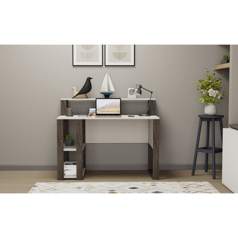 Bureau d'écriture à motif géométrique, Blanc / café foncé