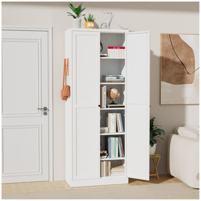 72" White Metal Kitchen Pantry Cabinet With Doors, Heavy-Duty Freestanding Storage Organizer With 5 Adjustable Shelves, Tool-Free Assembly For Pantry, Kitchen, Bathroom