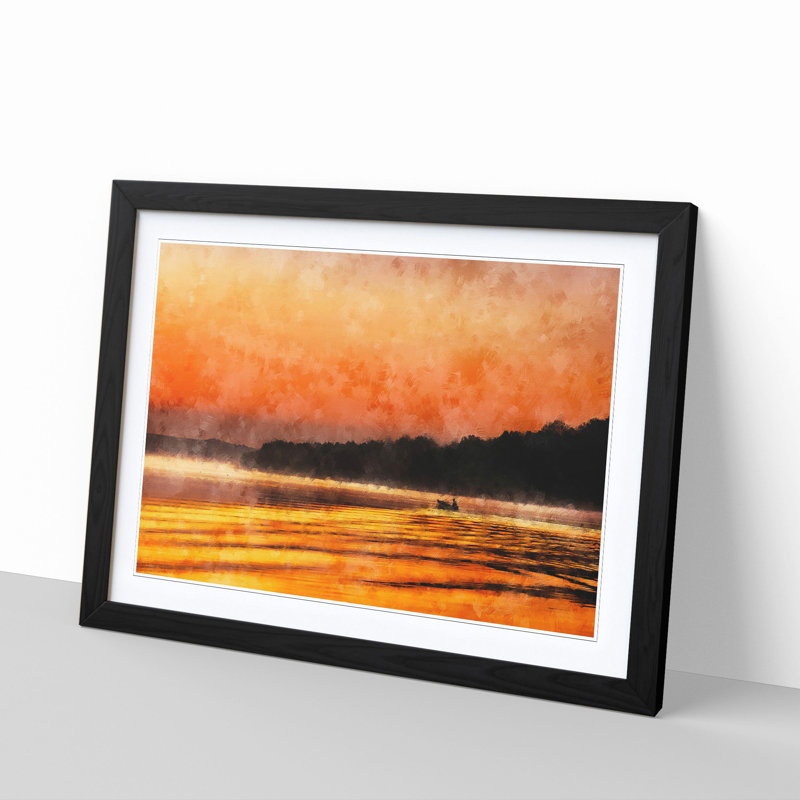 Boat Under An Orange Sunset Painting - Single Picture Frame Print on MDF, Black, 24cm H x 33cm W x 2cm D
