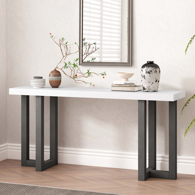 Geometric Design Console Table With Solid Pine Legs,Suitable For Entryway, Hallway, Living Room, Bedroom, White, Gray