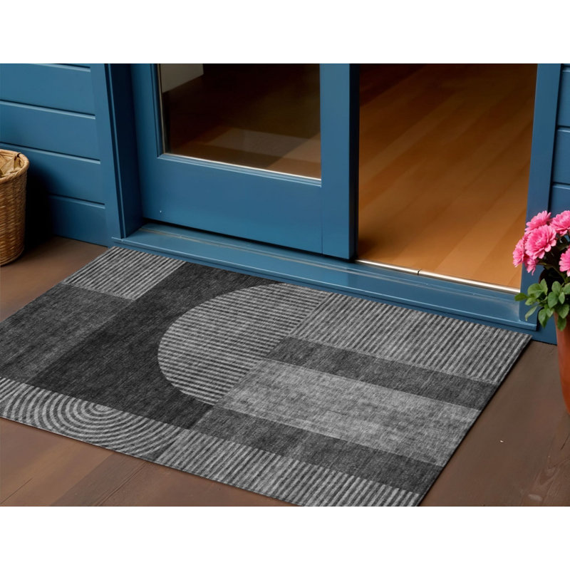 3' X 5' Charcoal Gray And Silver Geometric Washable Indoor Outdoor Area Rug