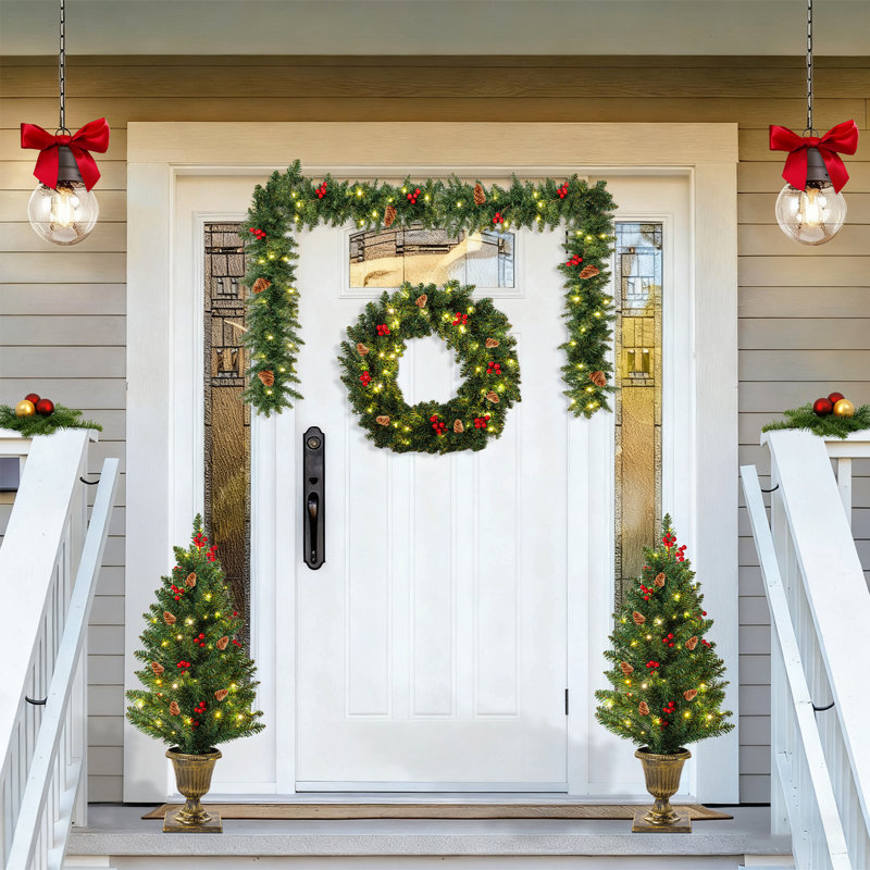 Ensemble de Noël 4 pièces avec 120 lumières DEL, guirlande artificielle et 2 arbres d'entrée avec baies rouges, décoration intérieure à piles pour les décorations de Noël