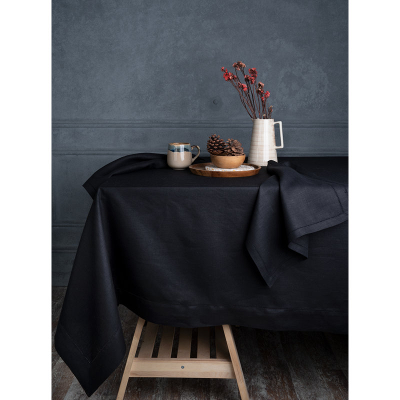 D'Moksha Homes Classic Hemstitch Linen Tablecloth, 90" L x 60" W, Black