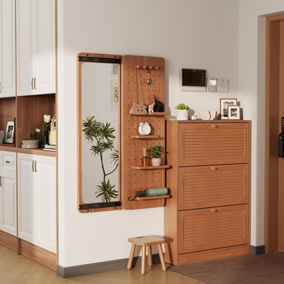 Miroir pleine grandeur suspendu en bois d'hévéa avec tablette et crochet, panneau coulissant à poussoir, configuration réglable, miroir HD antidéflagrant, entrée, miroir de rangement pour chambre à coucher