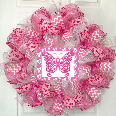 Breast Cancer Awareness Wreath with Butterfly