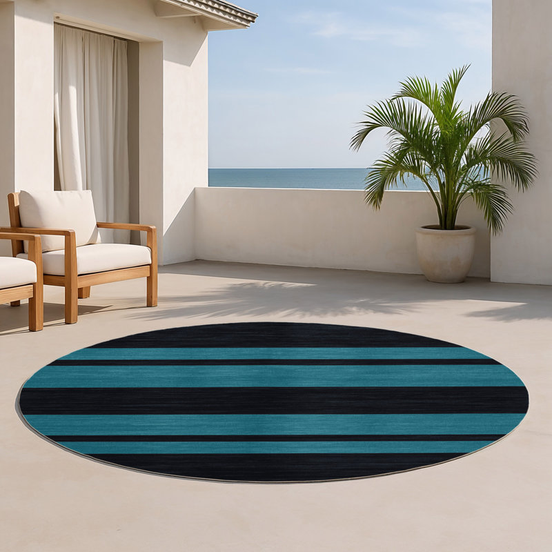 Tapis intérieur / extérieur gris HorizontalStripes, Rond 5 pi
