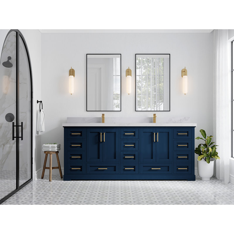 Ensemble de meuble-lavabo double 84 po Huette, Calacatta Nuvo, Bleu