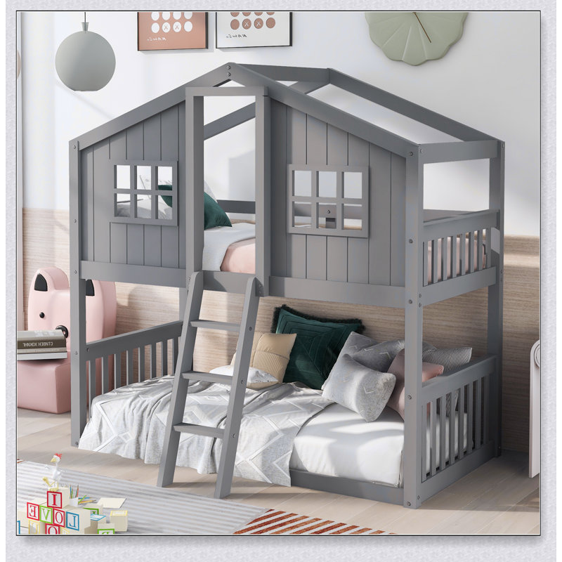 Twin Over Twin House Bunk Bed With Ladder, Wood Bed, Gray