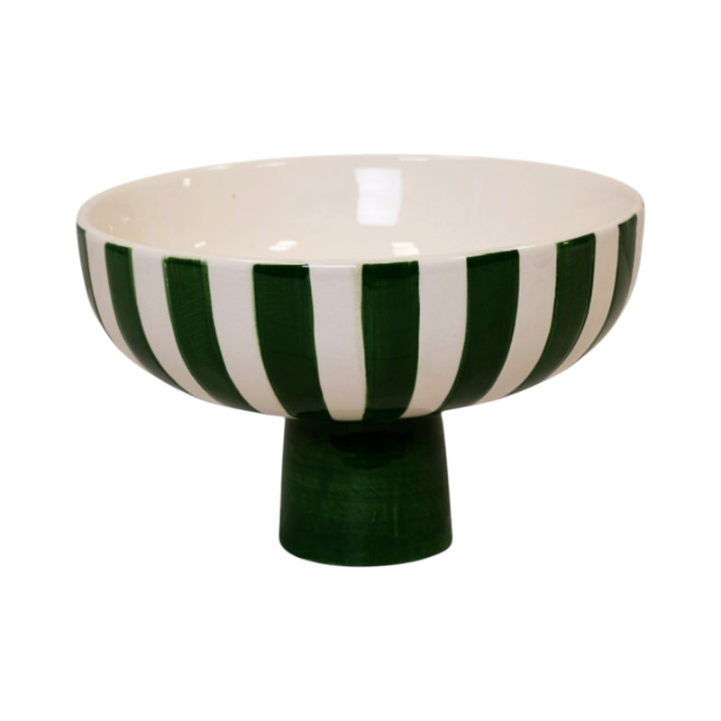 Green & White Striped Ceramic Pedestal Bowl 21cm, White/Green