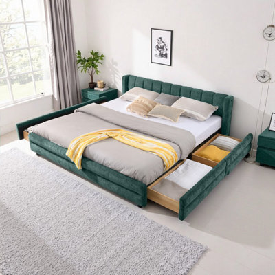 Structure de lit tapissier en tissu chenille bleu et vert avec tiroirs et tête de lit (86,5 po x 84 po x 29,5 po)