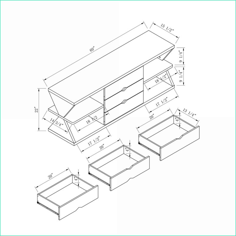 Meuble télé avec 4 tablettes ouvertes 3 tiroirs | Chêne blanc | Dimensions du téléviseur de 60 à 69 pouces