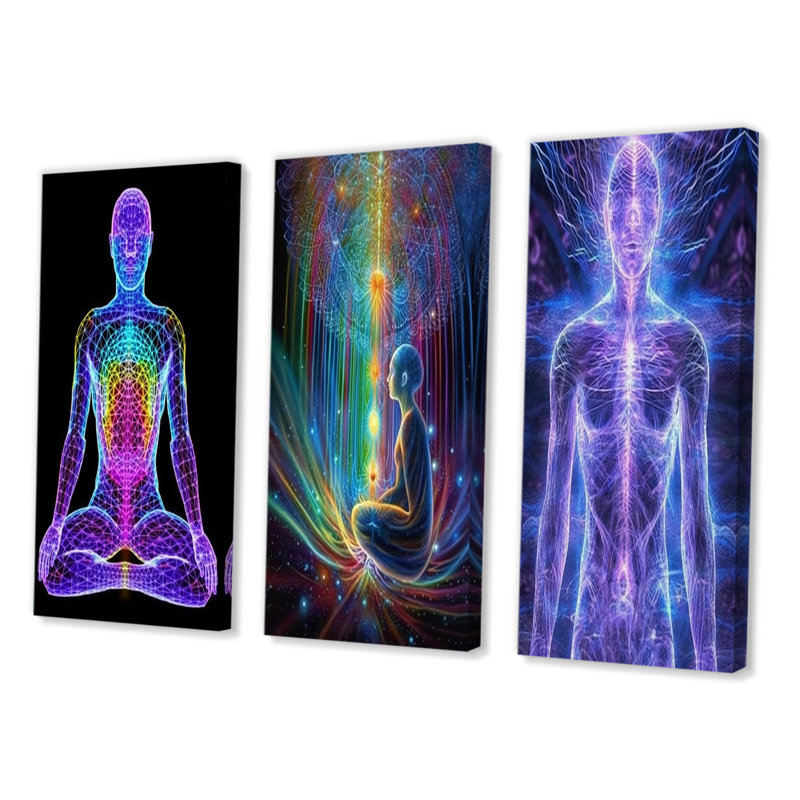 «Neon Meditation», 3 pièces sur toile, H 36 po x l 28 po, Toile tendue