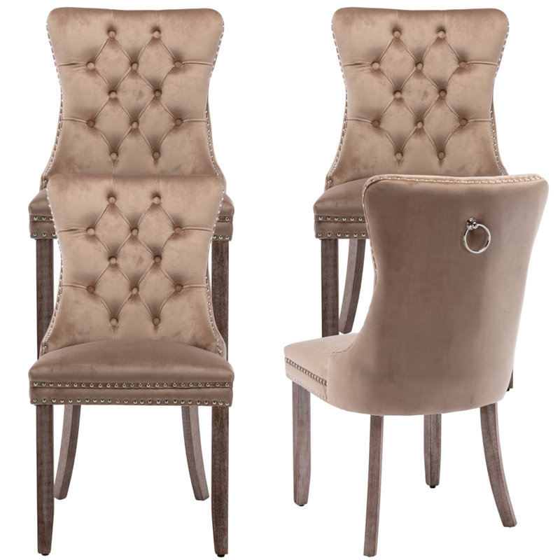 Seita Modern Velvet Wingback Tufted Solid Wood Upholstered Dining Chairs, Khaki, Natural Wood