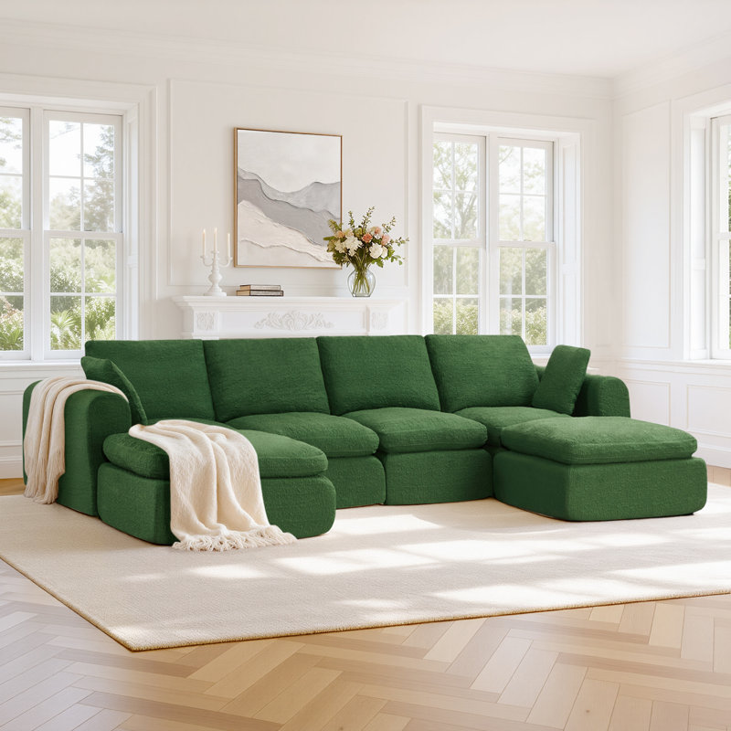 Dineen 137.8"W No Assembly Required 6-Piece Cloud Couch Comfy Modular Compression Sofa With 2 Ottoman, Moss Green