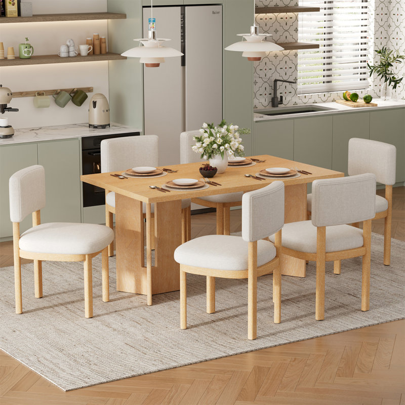 Table de salle à manger en bois pour 6 personnes avec 6 chaises rembourrées Farmhouse, Bois naturel délavé