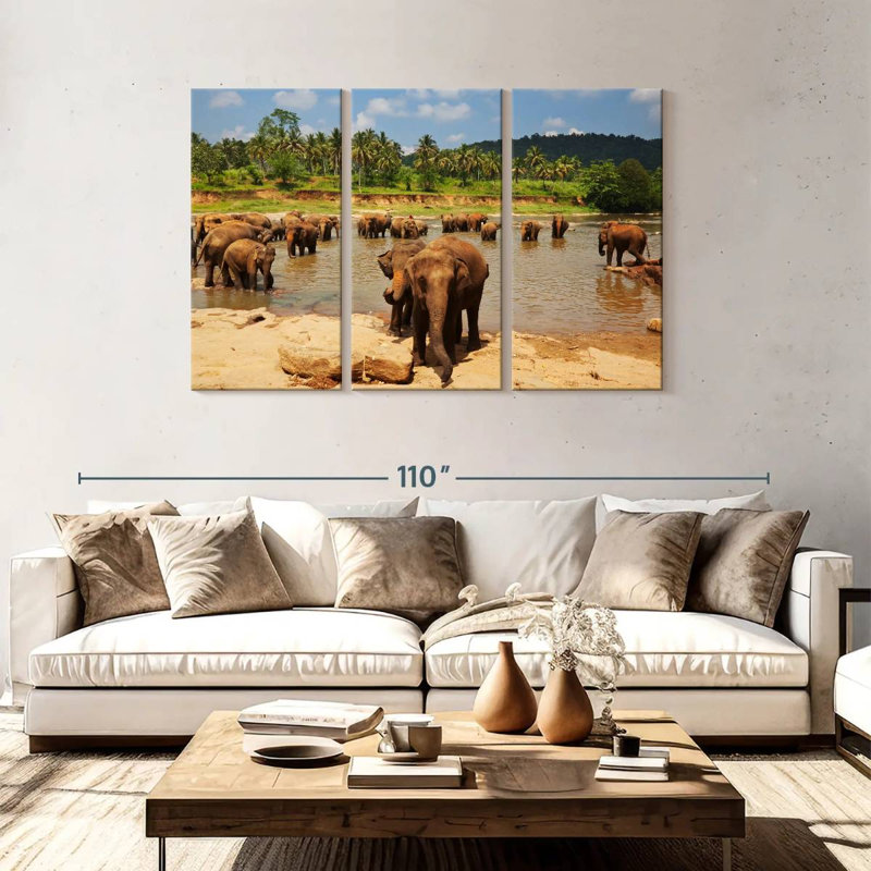 Brampt River Bathing Elephants, 48" H x 74" W