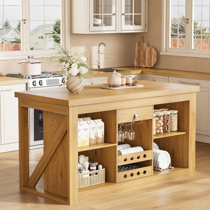 Îlot de cuisine avec rangement Viviwood, îlot de bar avec support à vin, chêne