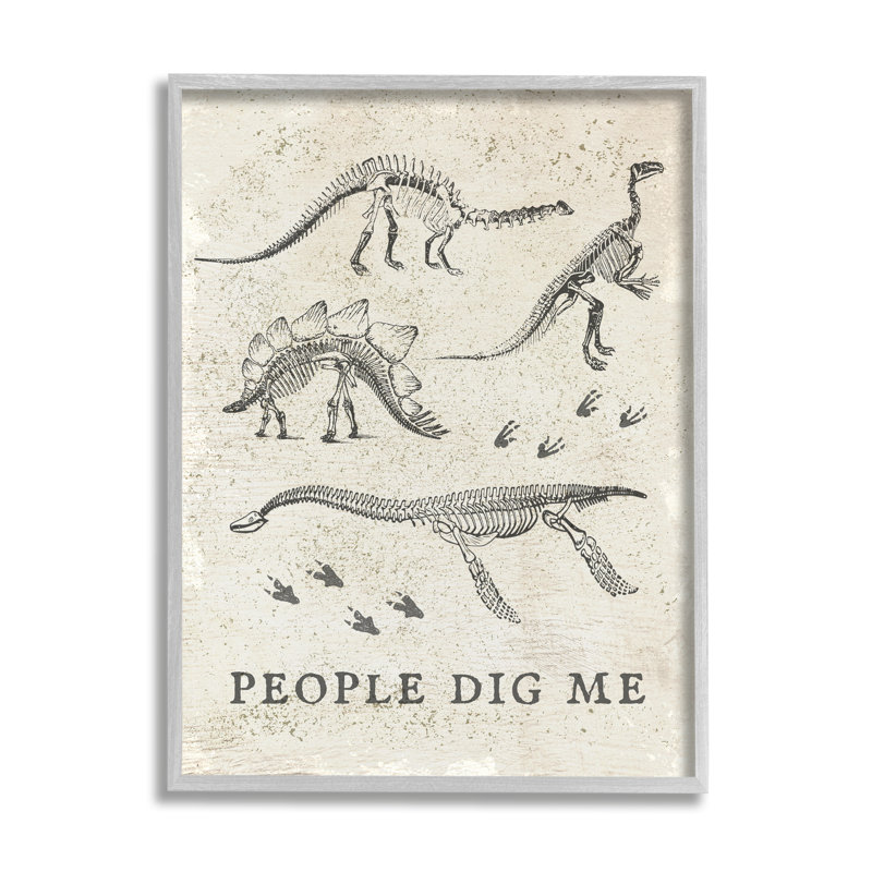«Funny People Dig Me», squelette de dinosaure et empreintes de pas, estampe numérique encadrée noire, art texturé par Daphne Polselli