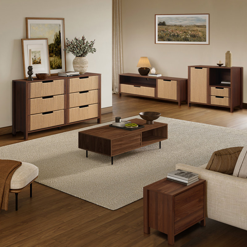 55'' W Walnut TV Stand with Woven Rope Door Panel for TVs up to 60''