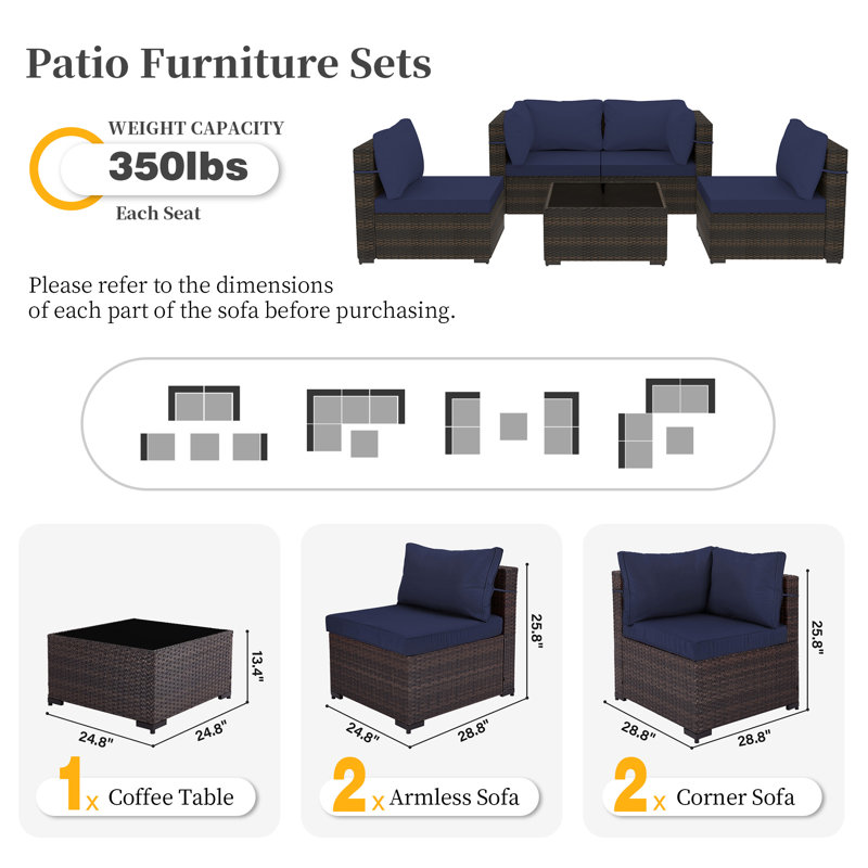 Ensemble 5 pièces de conversation de patio en osier avec table basse et coussins, bleu marine, Marine