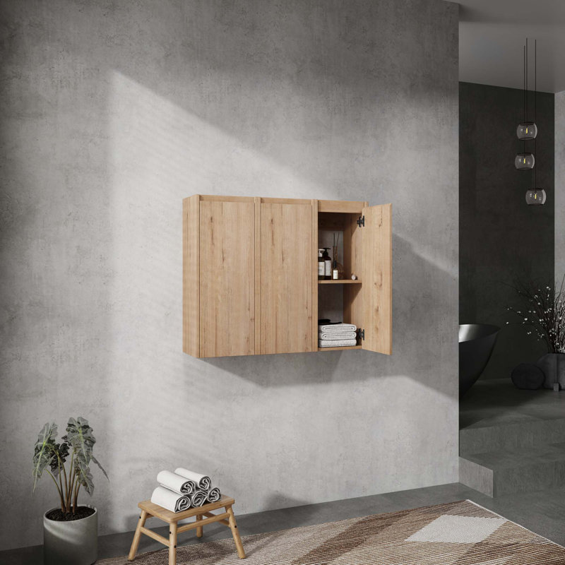 Armoire de salle de bain latérale, 3 portes à fermeture douce, conception à fixation flottante, Imitation chêne