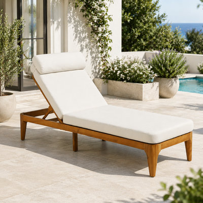 Wood Chaise Lounge, Outdoor Sun Lounge Chair, Patio Recliner with Adjustable Backrest and Head Pillow