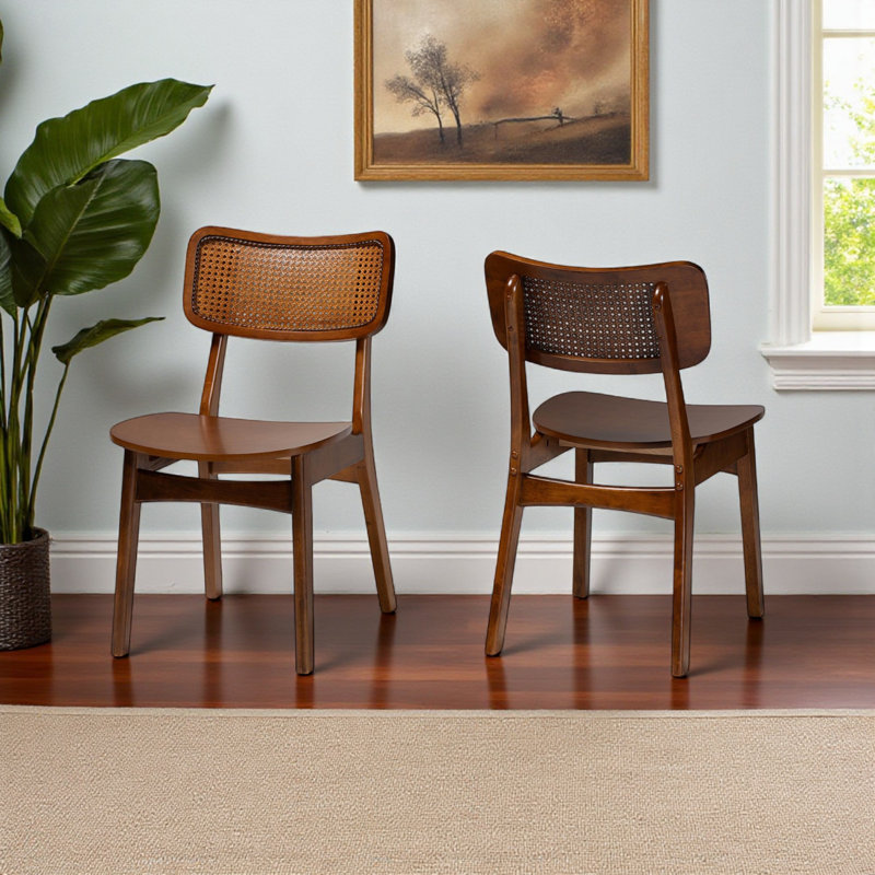 Alina Modern Dining Chair Set in Brown Finished Wood and Rattan, 30.94'' H X 17.9'' W X 21.55'' D