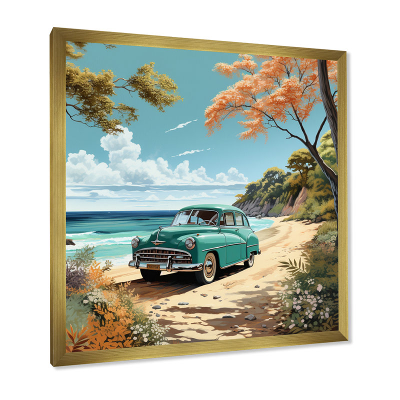 Vintage Oldtimer Classic Turquoise Car Beachside sur impression sur toile, Cadre doré simple, H 16 po x l 16 po x P 1 po