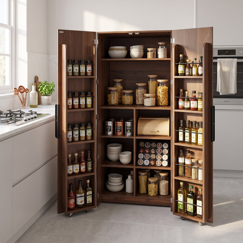 Walnut Kitchen Pantry Cabinet – Freestanding Buffet Cupboard with 180° Doors, 5-Tier Inner Shelves & Versatile Storage for Kitchen, Dining Room or Living Room