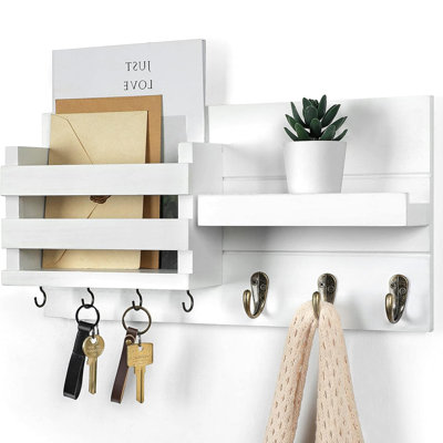 Organisateur de courrier à fixer au mur - Porte-clés avec tablette incluant porte-lettres et crochets pour manteaux, laisses pour chiens - Bois rustique avec quincaillerie de fixation
