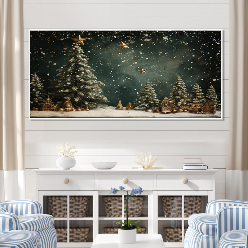 Décoration de sapin vert de Noël - Art mural sur toile de pin, Blanc, H 28 po x l 60 po, Reproduction avec cadre flottant