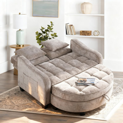 Modern convertible fabric sofa bed with storage ottoman and side storage pockets,  adjustable backrest for bedrooms, living rooms, and lounges.