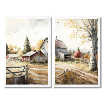 «Beautiful Barn in Spring - Barn Landscape Wall Art Decor», reproduction de toile brune sur toile 2 pièces
