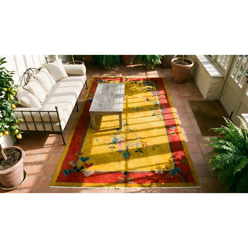 Antique Art Deco Small Scatter Size Wool Pink, Yellow / Gold Rug