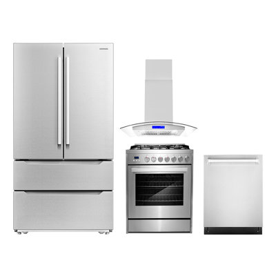 Cosmo 4 Piece Kitchen Appliance Package with French Door Refrigerator , 30'' Gas Freestanding Range , Built-In Dishwasher , and Island Range Hood -  COS-4PKG-601