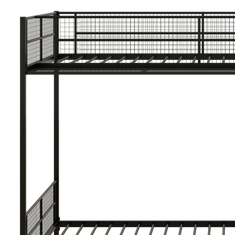 Lit superposé simple au-dessus d'un lit double en métal avec tablettes grillagées et garde-robe, Noir