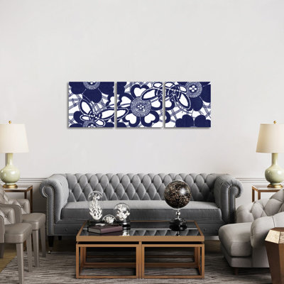 Indigo floral Katagami triptyque - ensemble d'art mural sur toile - toile tendue (ensemble de 3)