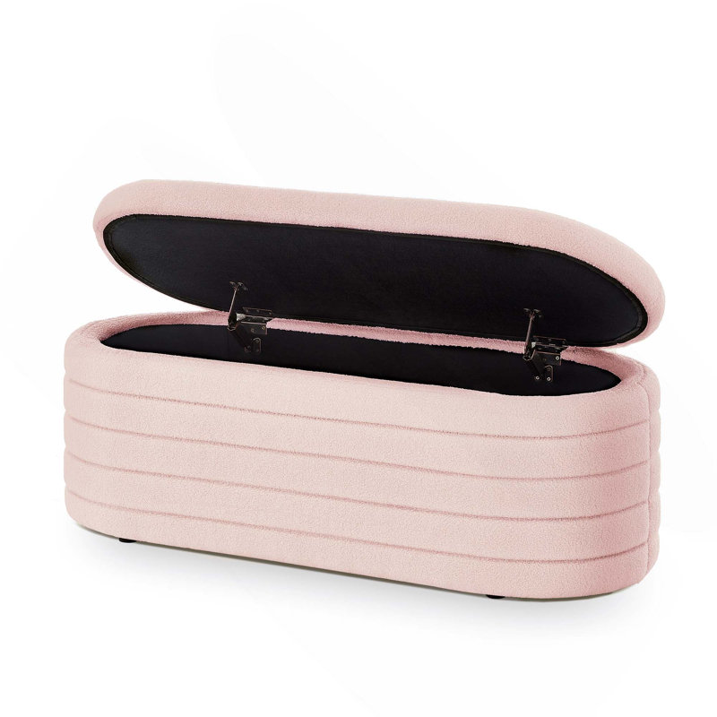 Modern Upholstered Oval Storage Ottoman Bench With Safe Pressure Bar Lift For Bedroom Living Room Entryway, Pink