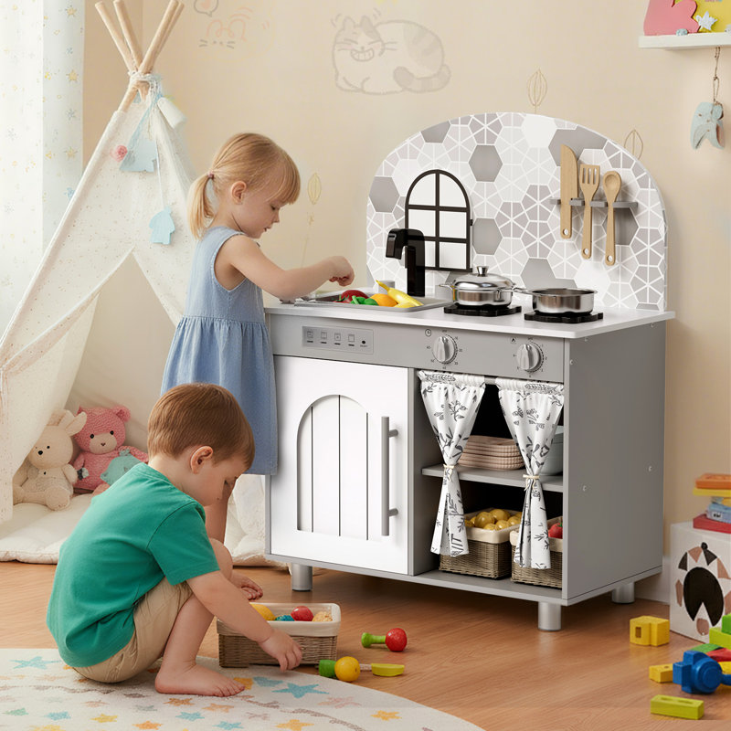 Immersive Wooden Play Kitchen with Removable Sink, Clicking Knobs & Curtained Storage, Realistic Pretend Toys, a Perfect Christmas Gift, to Keep Playroom Tidy (gray)