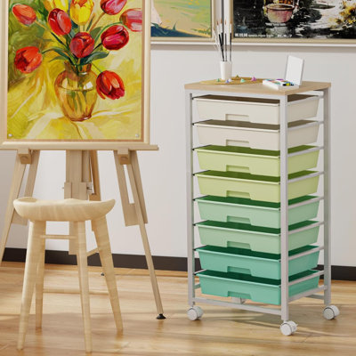8-Drawer Rolling Storage Cart With Wooden Tabletop, Mobile Utility Organizer With Wheels For Craft, Office, Home, And Classroom Use