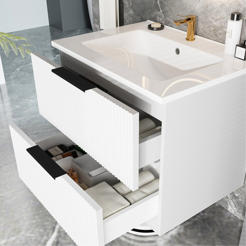 Meuble-lavabo mural flottant blanc 24 po avec lavabo en céramique, deux tiroirs, premier tiroir en forme de U, panneau multicouche facile à assembler de 18 à 20 po,