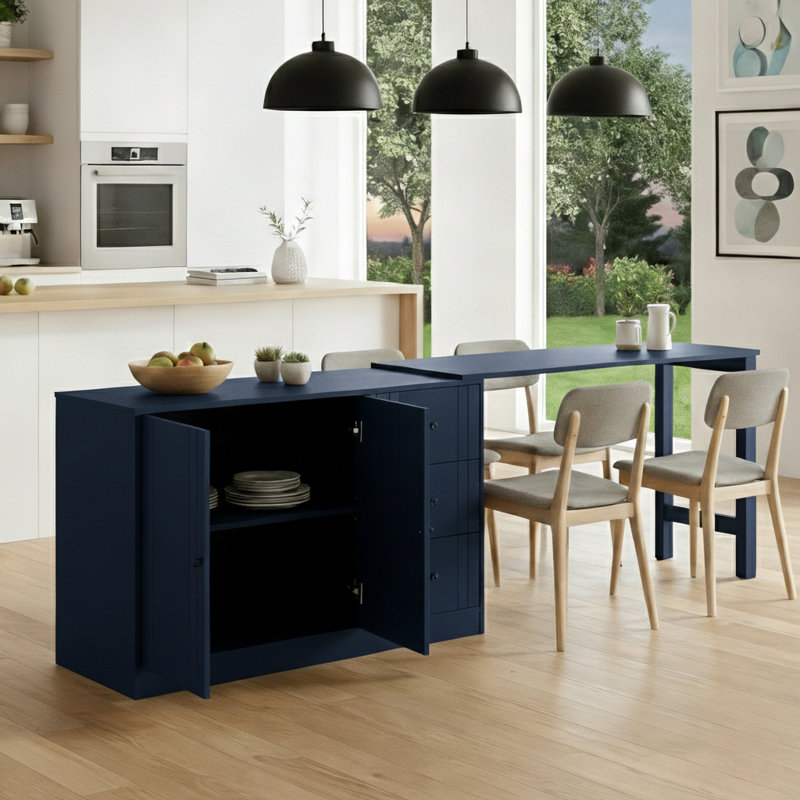 Buffet 89,73 pouces multifonctionnel avec plateau de table extensible à deux portes et trois tiroirs en bois, Marine
