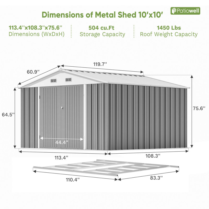 10 Ft. W X 10 Ft. D Metal Storage Shed with Frame, Grey