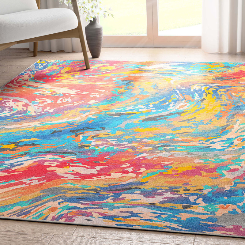  Tapis multicolore à tissage plat en marbre abstrait Abstract Harmony Boho, Rectangle 7 pi 7 po x 9 pi 10 po