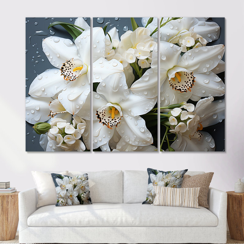 «White Orchids Still Life» - ensemble d'art mural sur toile orchidées, Toile tendue, H 32 po x l 48 po x P 1 po