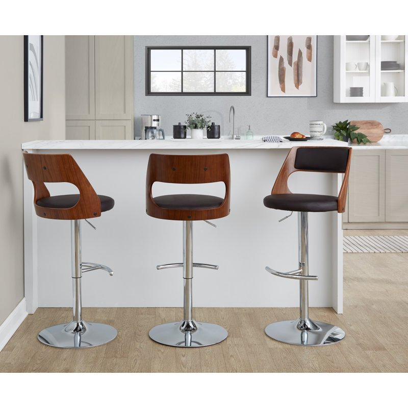 Ciaran Adjustable Bar Stools with Rounded T Footrest, Chrome/Walnut, Brown