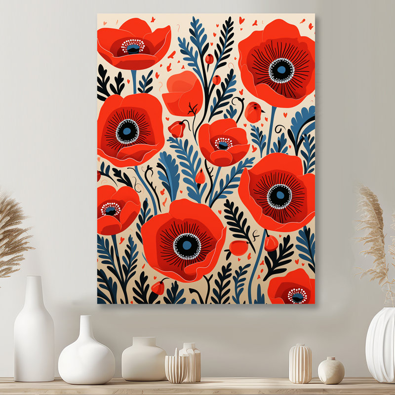 Blooming Poppies - Illustration rétro - coquelicot, H 40 po x l 30 po, Sans cadre, métal